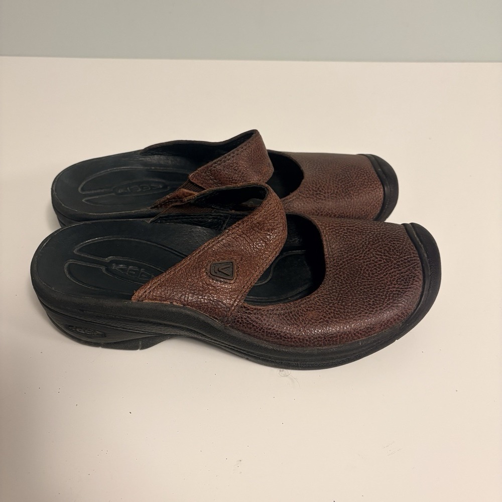 KEEN Saratoga Brown Leather Slip On Mary Jane Comfort Clog/Mules Women 7.5